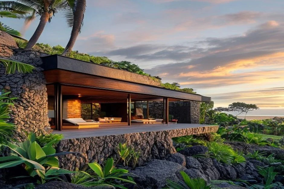 AI-generated architectural concept of a contemporary Big Island home built with lava stone and warm wood