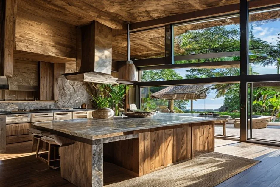 AI-generated concept of a warm wood Big Island kitchen opening to a tropical lanai