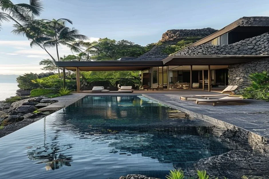 AI-generated concept of a contemporary Big Island home with lava stone, lanai, pool, and ocean view